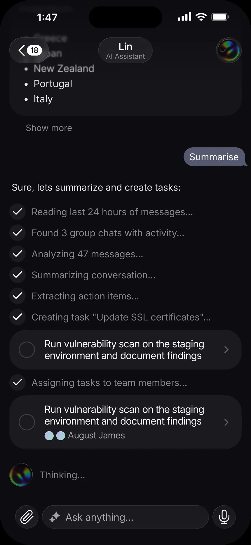 Lin reads a day of messages, extracts action items and creates a task with an assignee.