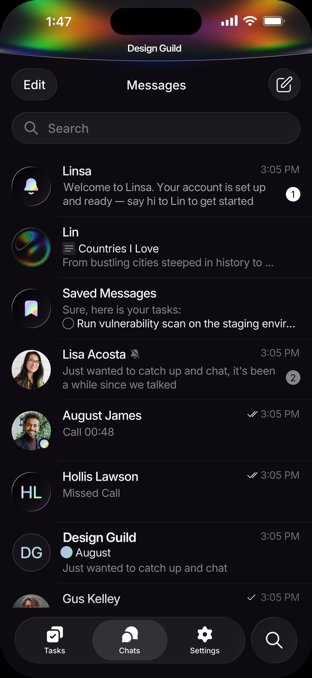The Linsa chat list on iPhone with a group call running at the top